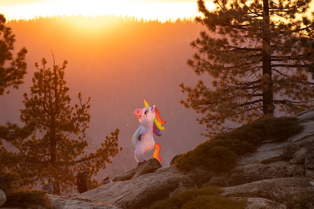 A mystical person in an inflatable unicorn costume stands atop a cliff at sunrise near some trees
