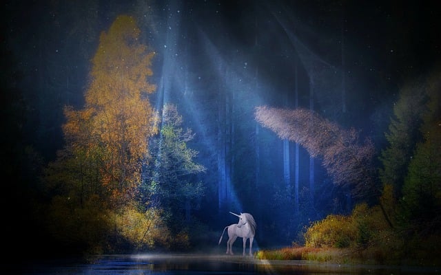 A mystical picture of a unicorn in a forest under moonlight.