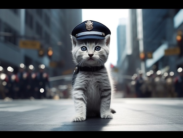 A gray tabby kitten wearing a police hat standing in the street.