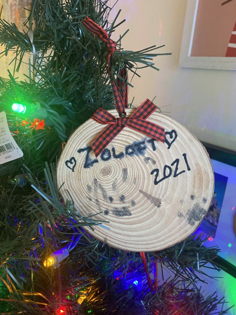 A wood slice with a red and black checker ribbon hangs on a Christmas tree. It says "Zoloft" with two hearts and 2021 in black permanent marker. The lettering is a bit blurred as it has bled. There are two clear paw prints on the slice and a few more where it appears there was a partial paw print in ink.