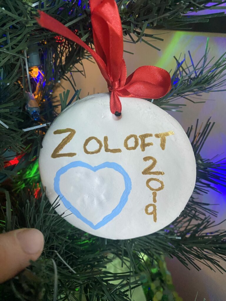 A white circular clay Christmas ornament with a red ribbon hangs on a Christmas tree. In gold letters it says "Zoloft 2019." There is a paw print with a light blue heart around it.