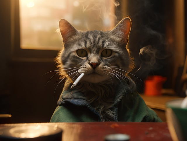 An AI generated tabby cat is smoking a cigarette at a bar.