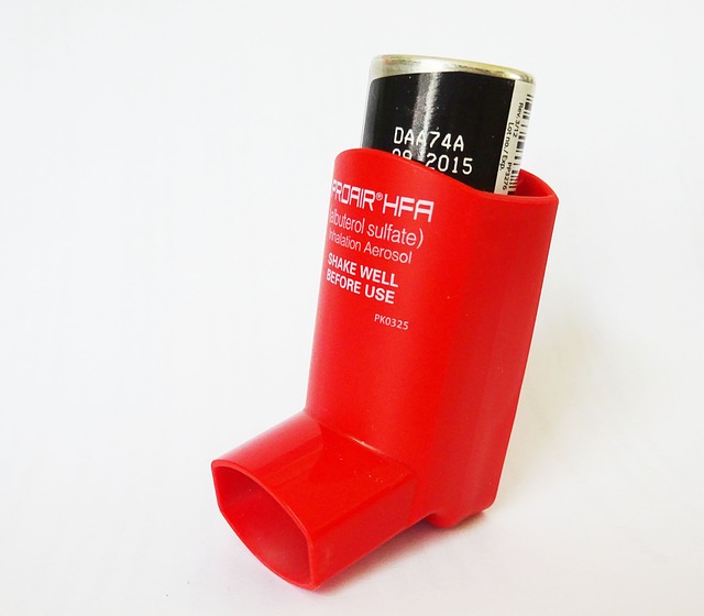 A red albuterol inhaler that has a black medication canister sticking out the top of it.
