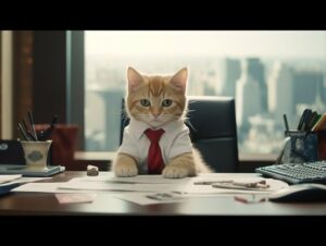 An orange kitten sits at a desk wearing a white collared shirt and red tie. The desk is messy with papers.